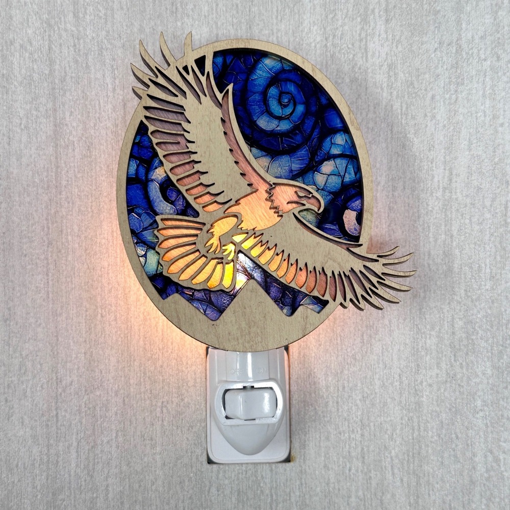 Bald Eagle Wood Nightlight Blue Stained Glass Style‎ Rustic Lodge Decor Handmade